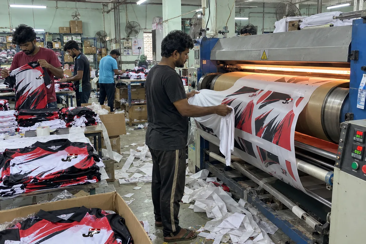 Heat transfer stage of making custom jerseys at the Jaypee Sportswear unit