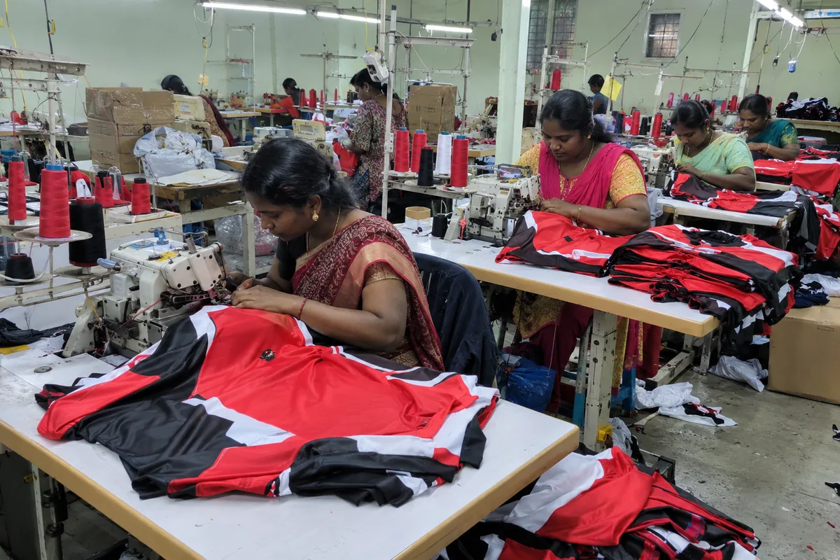 Stitch stage of making custom jerseys at the Jaypee Sportswear unit
