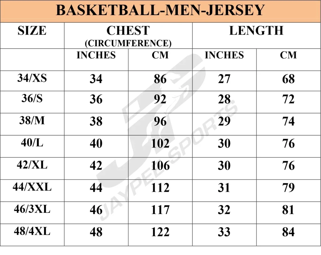 basket ball size chart for men tshirt jaypeesportswear