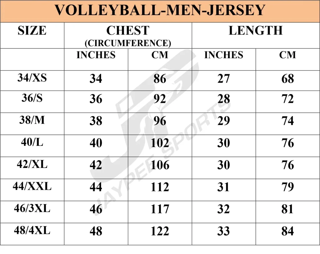 volley ball size chart for men t-shirt jaypeesportswear