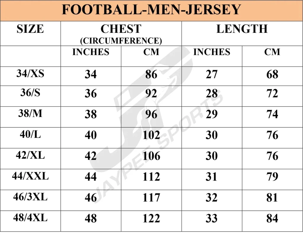 football size chart for men jersey jaypeesportswear