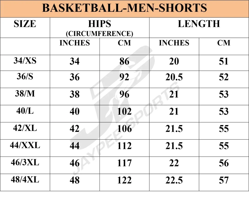 basket ball size chart for men shorts jaypeesportswear