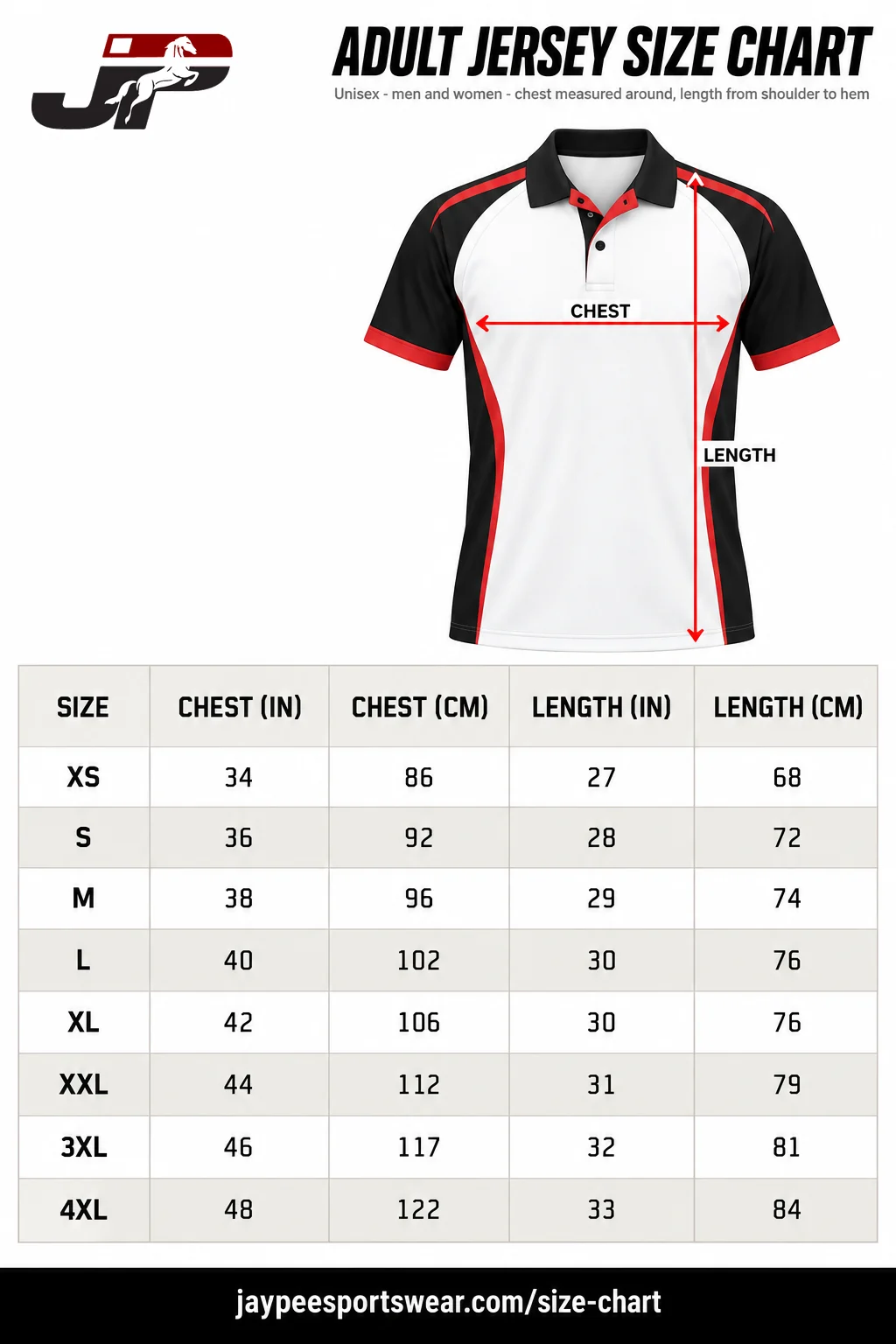 Jaypee size chart showing M as 38 inch chest