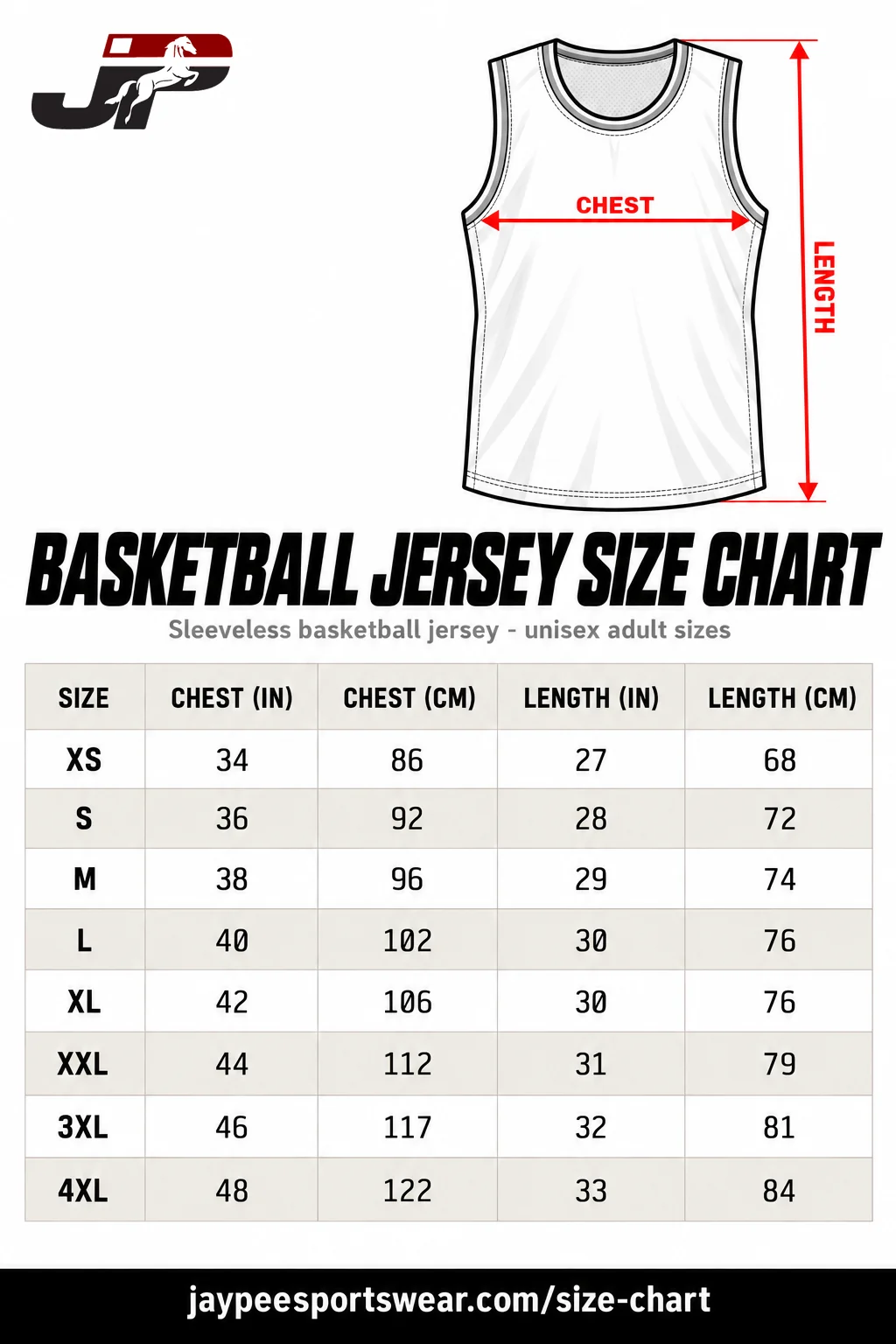 Basketball jersey size chart