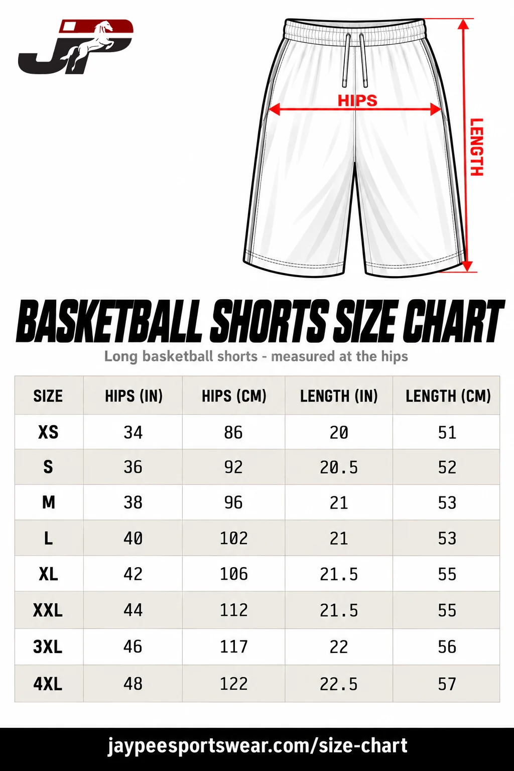 Basketball shorts size chart