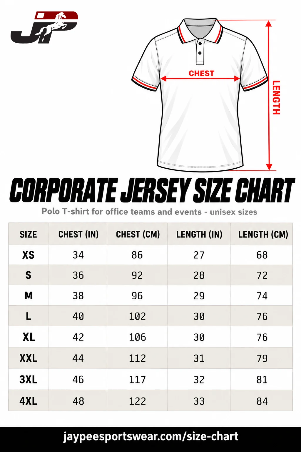 Corporate jersey size chart