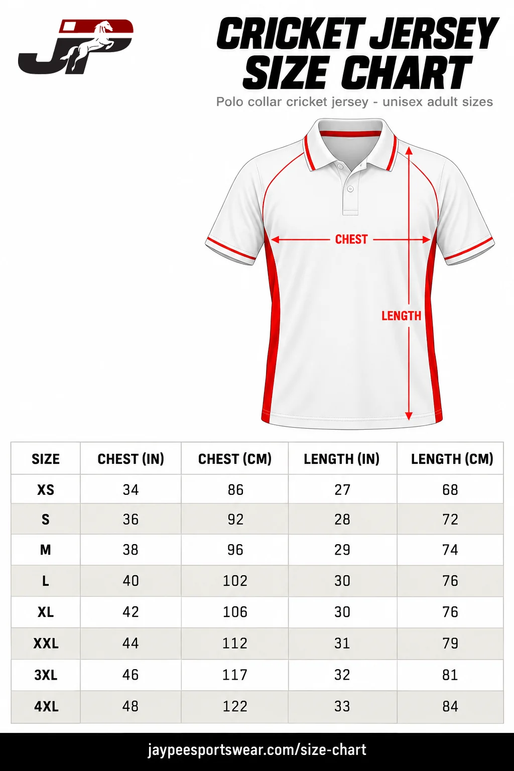 Cricket jersey size chart