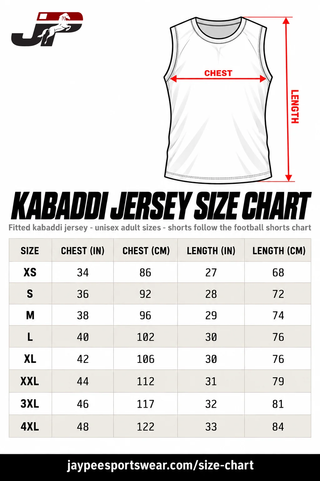 Kabaddi jersey size chart