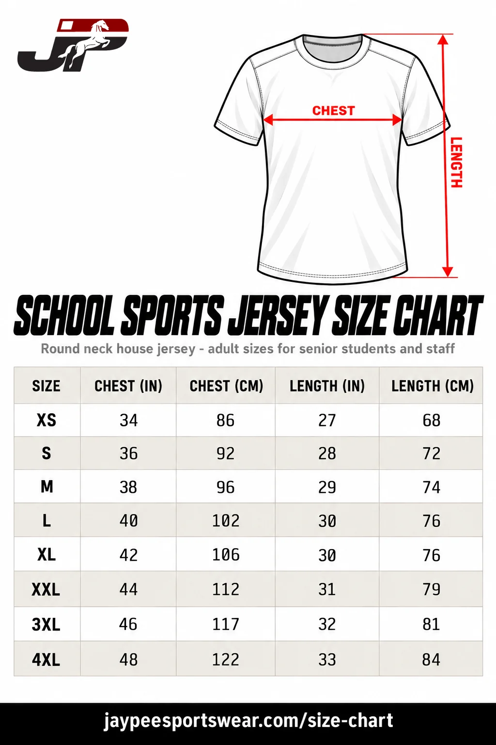 School jersey size chart