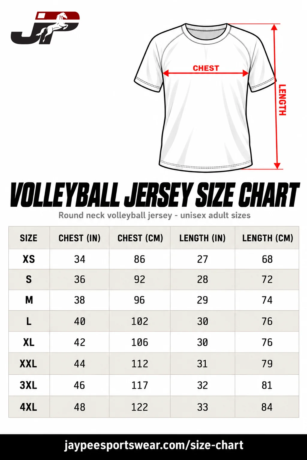 Volleyball jersey size chart